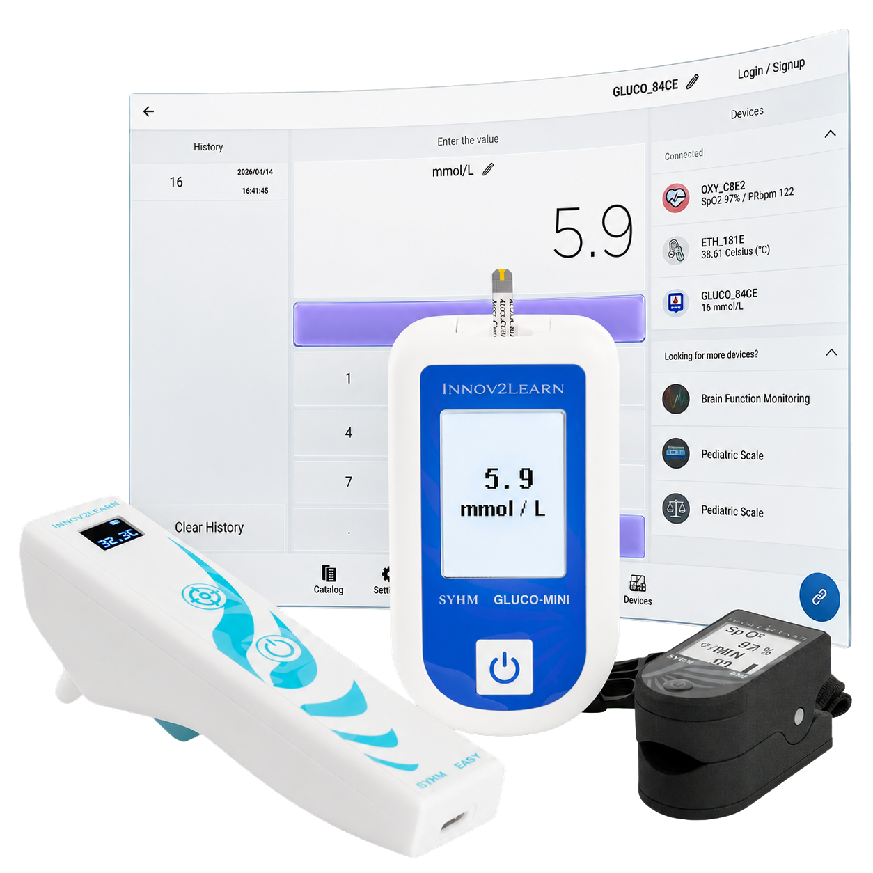 La app Innov2Learn con Oxi, Ear-T y Gluco-mini conectados; cada dispositivo muestra el valor fijado por el instructor